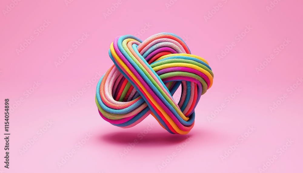 Poster Colorful Twisted Ropes Creating a Dynamic and Playful Sculpture Against a Soft Pink Background, Showcasing Vibrant Hues and Intricate Patterns