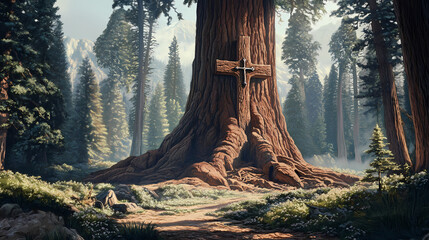 A cross carved into the trunk of a towering sequoia tree, surrounded by a grove of ancient giants, representing the enduring strength and resilience of faith throughout the ages. Sequoia. Illustration