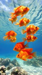 Fototapeta premium A vibrant underwater scene featuring a school of orange goldfish swimming gracefully.