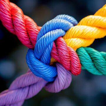 Various Colorful Ropes Intertwined in a Secure Knot Displaying Vibrant Hues and Textures in a Close-Up View