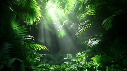 Naklejka premium Sunbeams pierce lush, green jungle foliage.