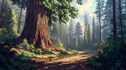 Obraz premium A giant sequoia tree towering over a forest path, showcasing its immense size and grandeur. Sequoia. Illustration