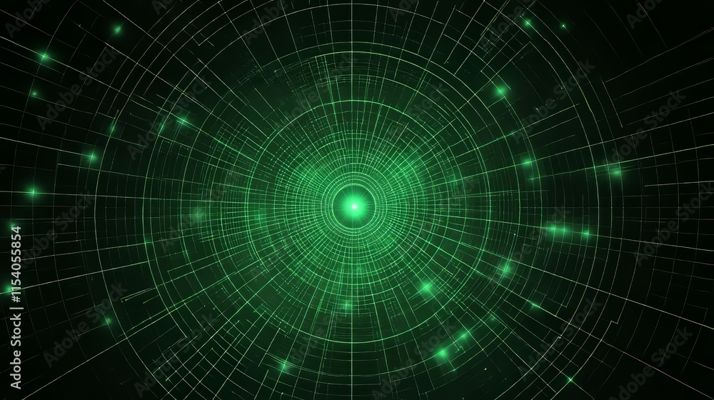 Poster visual representation of glowing green circular grid pattern with bright points of light and radial 