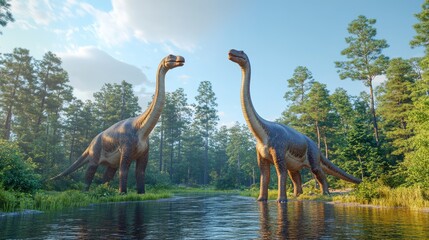 Two large dinosaurs standing by a river in a lush forest environment.