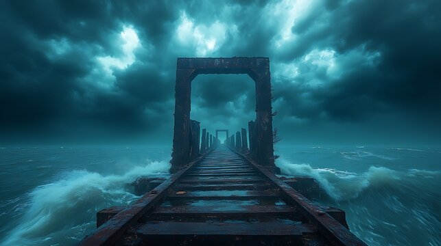 Old Wooden Pier Extends Into Stormy Sea