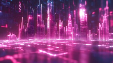 Glowing pink futuristic cityscape.