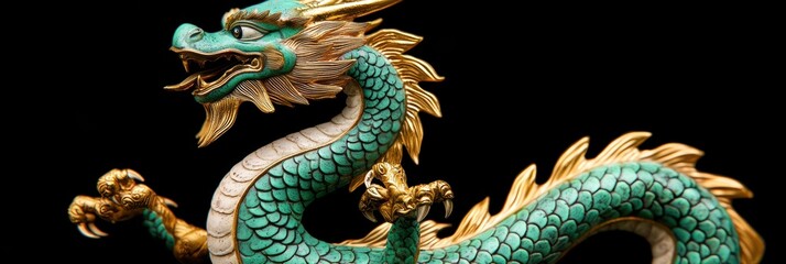 Ornate Green Dragon Sculpture with Gold Accents on Black Background