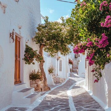 Lindos city on Rhodes island, Greece. Small whitewashed village and the Acropolis, on Rhodos Island, Greece at Aegean Sea 