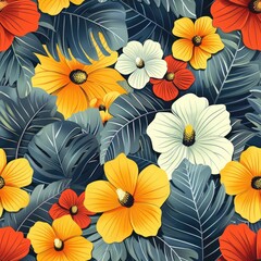 A vibrant floral pattern featuring colorful flowers and lush leaves.