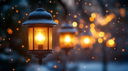 Glowing lanterns illuminating a snowy evening