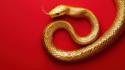 Obraz premium Golden Snake on Red Background, Captivating and Striking Visual