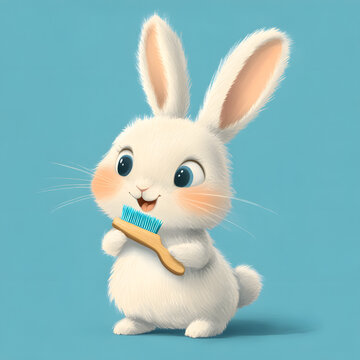 Adorable white bunny holding a toothbrush with a cheerful expression, perfect for children&rsquo;s dental care promotions, hygiene campaigns, cartoons, and cute animal illustrations
