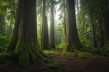 Obraz premium Majestic Ancient Forest: A Lush Oasis of Majestic Trees and Verdant Moss