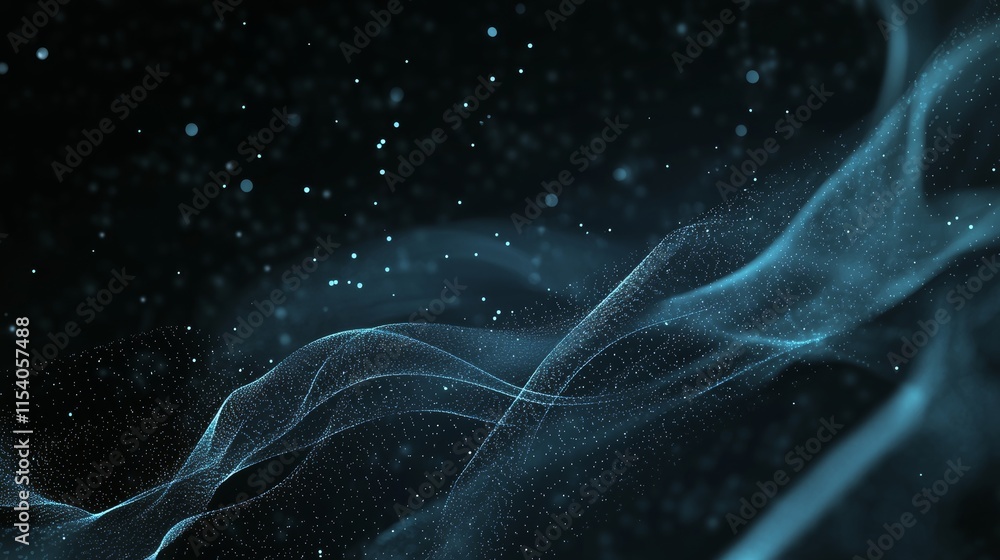 Poster swirling blue particles and waves create a mesmerizing and abstract visual display against a dark ba