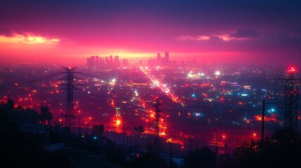 Fototapeta premium Cityscape at Dusk with Vivid Pink Sky and City Lights