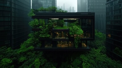 Fototapeta premium Modern green building amidst skyscrapers in rain.
