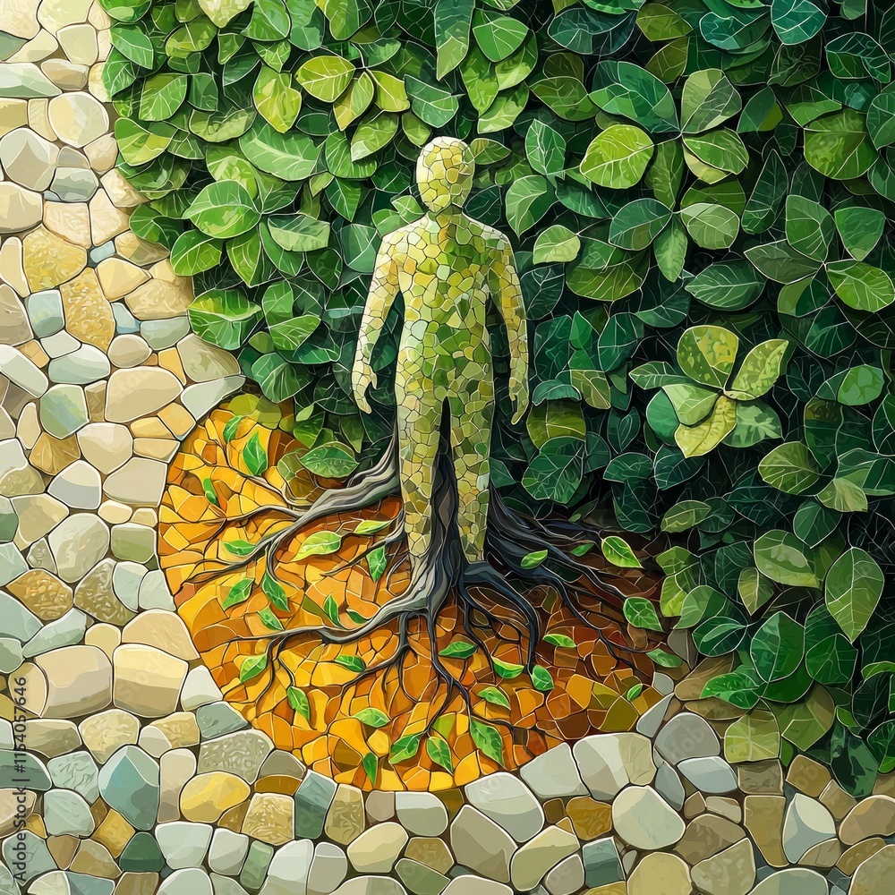 Aufkleber tree man figure stands in vibrant forest geometric roots connecting earth below. clean lines and sha