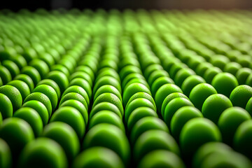 Obraz premium Close-Up of Neatly Arranged Green Spheres Capturing a Vibrant and Textured Surface in Soft Morning Light