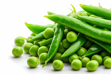 Fresh Green Peas and Pods Piled Together on Bright White Background for Healthy Diet and Culinary Uses