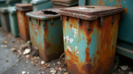 Fototapeta premium Timeworn Metal Trash Container with Rust, Peeling Layers, and Scattered Debris