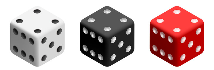 Set of black, white and red dice. Vector set isolated on white background. 3d dice.