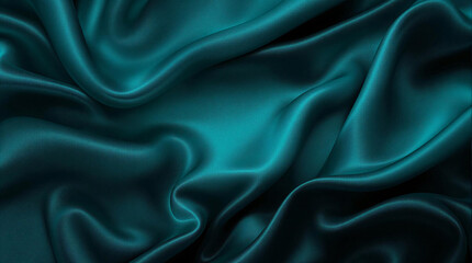 Obraz premium Turquoise silk satin. Gradient. Metal. Wavy folds. Glossy cloth surface. Beautiful turquoise green background with space for design. copy