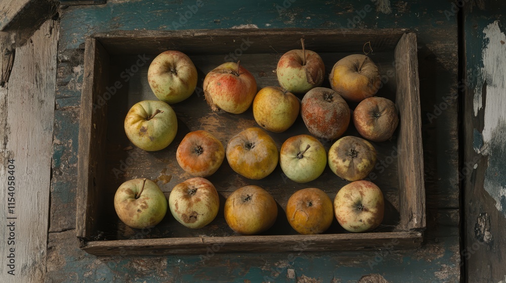 Aufkleber decaying apples displayed in a rustic wooden tray on a weathered background