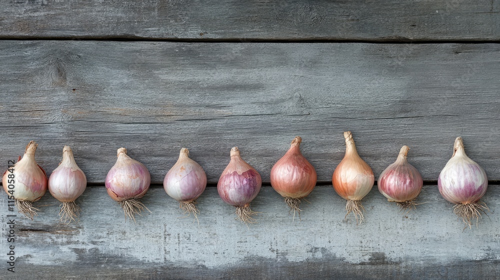 Poster row of vibrant onions displayed on a rustic wooden surface highlighting their textures and colors in