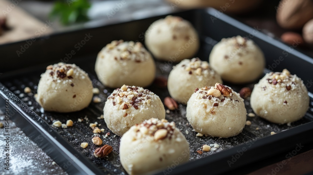 Poster round balls of dough with nut toppings arranged on a baking tray ready for baking in a rustic kitche
