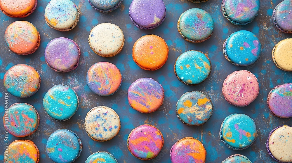 Aufkleber colorful baked macarons arranged in a close-up line showcasing vibrant patterns and textures on a ru