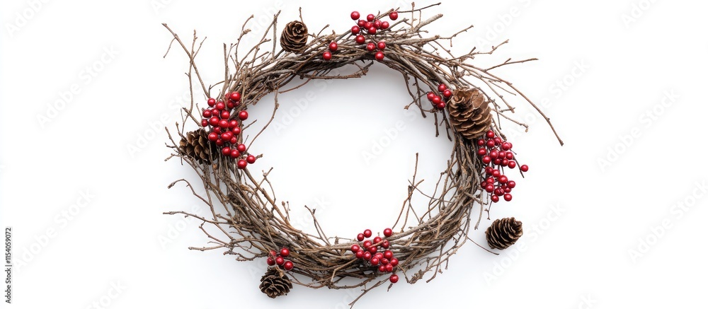 Poster rustic round wreath made of dried twigs and christmas tree branches adorned with red berries and pin