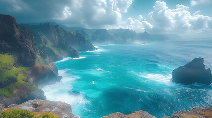 Naklejka premium Dramatic coastal landscape with turquoise ocean, cliffs, and clouds.