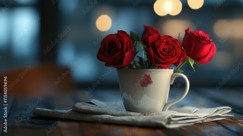 Poster red roses in a vintage cup on a textured napkin illuminated by soft bokeh lights on a rustic wooden 