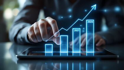 Future Business Trends, Hands Interacting with 2025 Data Chart, Financial Forecast