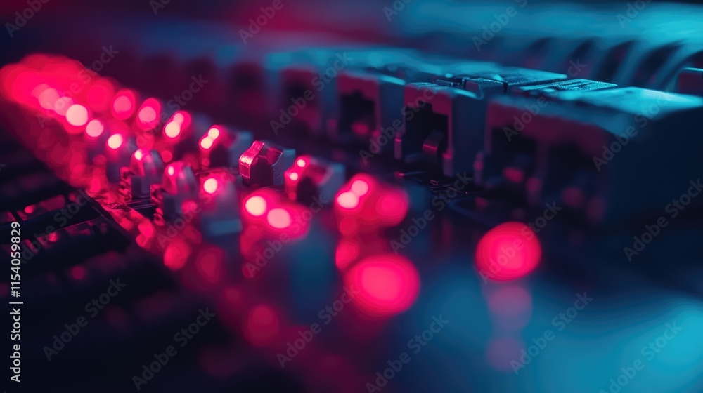 Poster close up of a modern router with illuminated indicators showcasing high-speed wired and wireless int