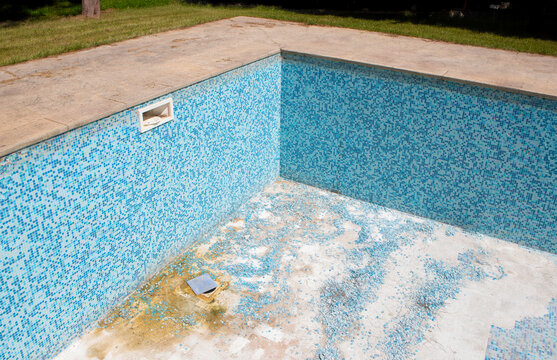 Empty swimming pool showing signs of disrepair and neglect in garden