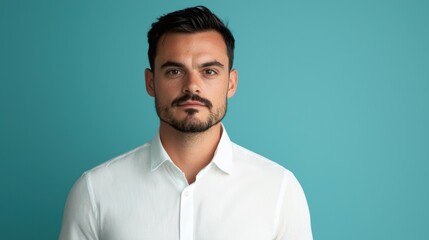 Obraz premium Confident man with beard wearing white shirt on teal background