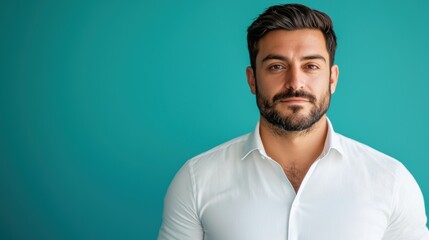 Obraz premium Confident man in white shirt standing against turquoise background
