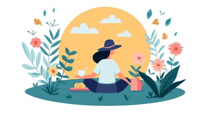 Obraz premium Woman enjoying a peaceful moment in a vibrant nature setting.
