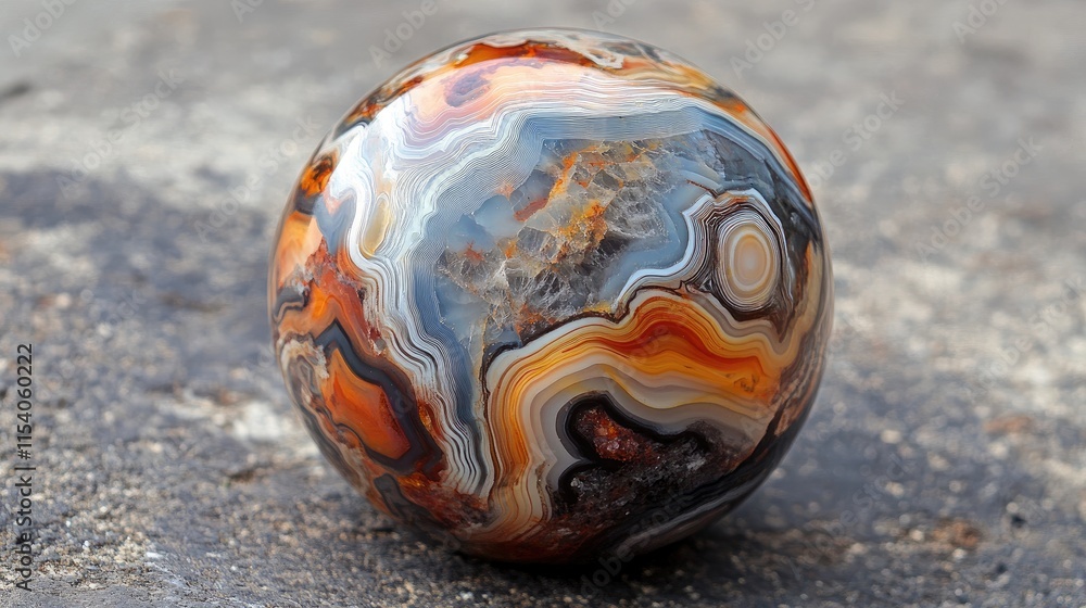 Poster vibrant round agate stone showcasing intricate abstract patterns and natural hues on a textured surf