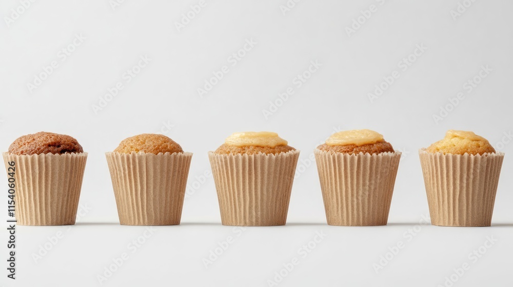 Poster assorted cupcakes in paper cups lined up on a bright background showcasing different flavors and tex