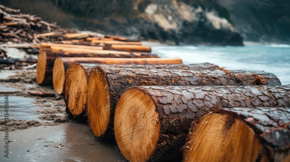 Poster cut logs arranged along a sandy beach with gentle waves and rocky cliffs in the background creating 