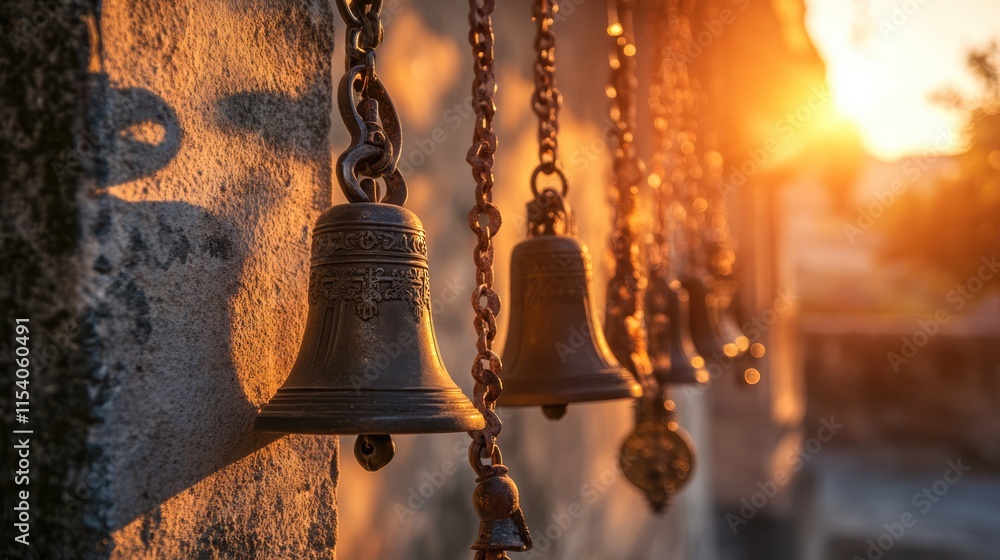 Poster bells and rosary illuminated by sunset rays creating a serene atmosphere in a tranquil setting