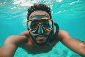 Naklejka premium Man in Snorkel Gear Exploring Underwater in Clear Tropical Water
