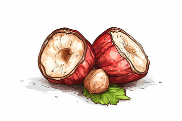 Obraz premium Hand-drawn sketch of whole and halved hazelnuts on a white background with green leaf accent