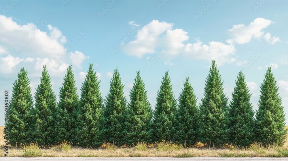 Poster lush row of evergreen pine trees under a bright sky with clouds in a serene forest landscape setting