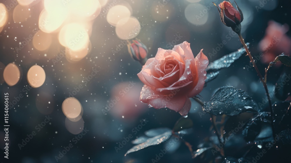 Poster Roses with droplets on petals in soft focus bokeh background creating an elegant and romantic atmosphere with space for text insertion