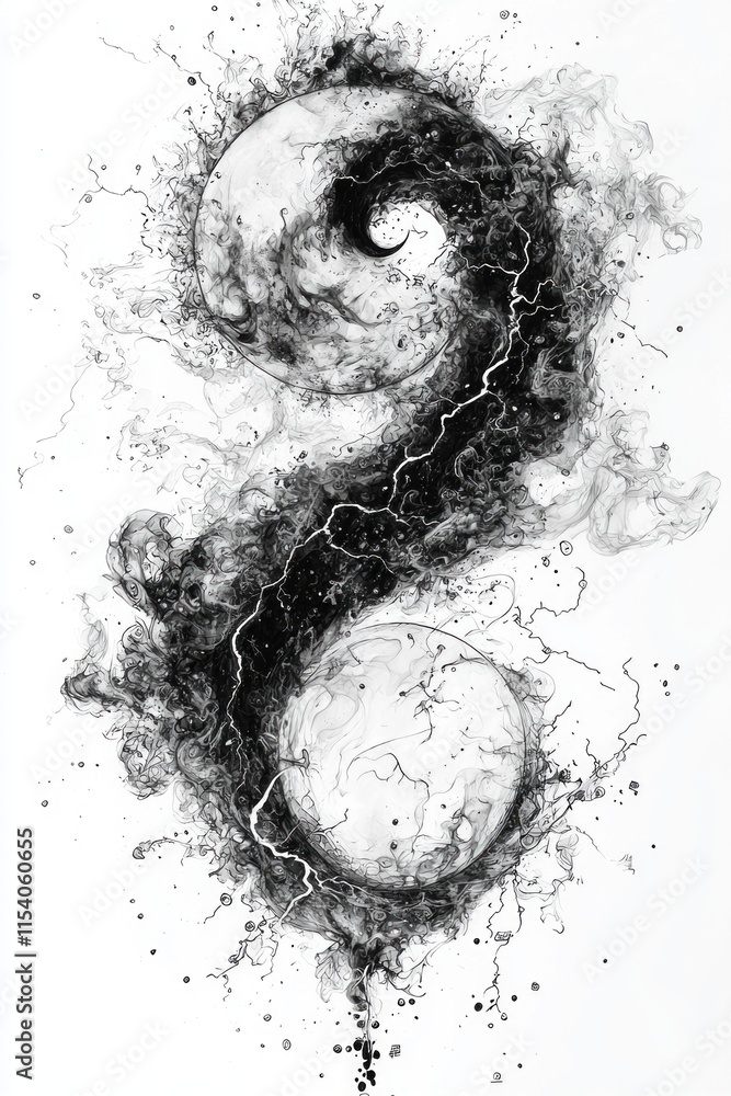 Poster swirling smoke and jagged lightning create intricate yin yang design in black and white. artwork fea