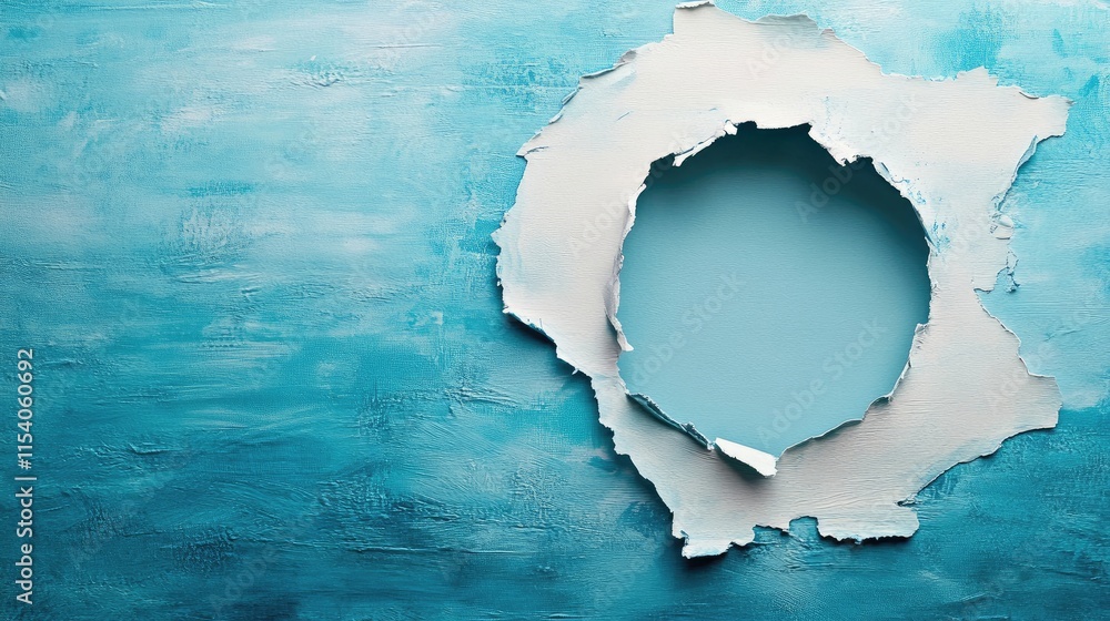 Poster torn paper texture with round hole in blue background showcasing a breakthrough concept and ample co