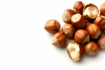 Obraz premium Fresh Hazelnuts with Shells and Split Nuts on White Background for Healthy Snack Ideas and Culinary Use